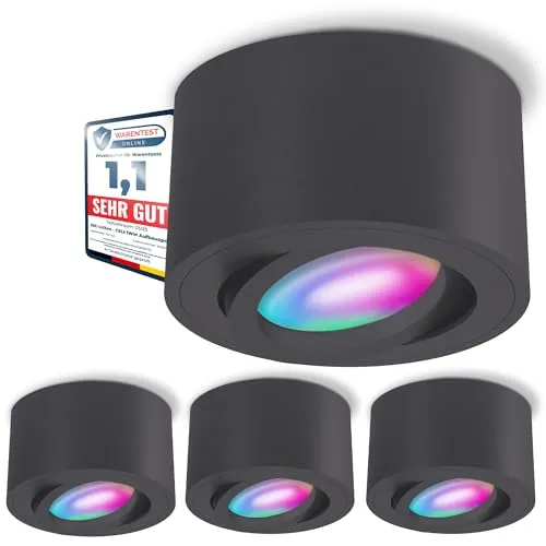 SSC-LUXon CELI-1N Aufbauspots - 4er Set Smart RGB+W LED - Lampen für Ihr Smarthome: Flach und schwenkbar, steuern Sie das Licht per WLAN oder Sprachbefehl mit Alexa, Siri und Google. Schaffen Sie stimmungsvolle Atmosphären ohne Bridge!