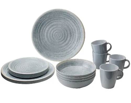 Sundream Geschirr-Set Mirage (16-tlg) - Leichtes und bruchsicheres Melamin-Geschirr-Set für Camping, ideal für Outdoor-Abenteuer. Hitzebeständige Becher bis 90 °C mit nostalgischem Vintage-Look.