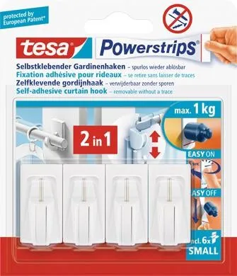 tesa Powerstrips Vario-Gardinenhaken - Selbstklebend und Wiederverwendbar - Gardinenstangenauflagen für alle gängigen Gardinenstangen – belastbar bis 1 kg, einfach anzubringen ohne Bohren und rückstandslos ablösbar.