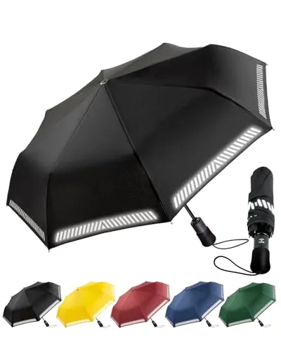 Chakipee Regenschirm Sturmfest Taschenschirm mit Reflexstreifen Schwarz Umbrella Kompakter Reise Winddichter Automatik Auf und Zu Doppelt Belüftetes Vordach 8 Rippen für Herren Damen Kinder
