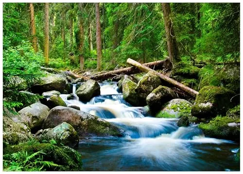 Fototapete Wasserfall mit Wald 3D Effekt Grün Natur 200x140 cm - inkl. Kleister - für Wohnzimmer Schlafzimmer Flur Modern Vlies Tapete Vliestapete Wandtapete Motivtapeten UV-Beständig