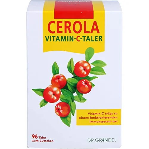 Cerola Vitamin-C-Taler Grandel 96 ST - Arzneimittel zur Unterstützung des Vitamin-C-Bedarfs, ideal bei Müdigkeit und nasskaltem Wetter, mit einzigartiger Formulierung und wohlschmeckendem Aroma.