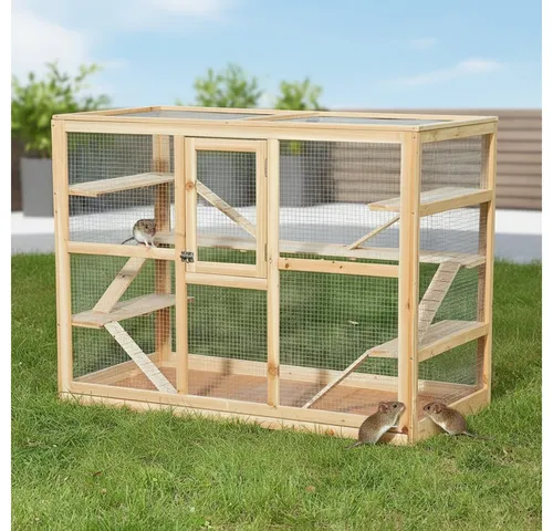 Mucola Kleintierkäfig XXL Villa - Nagerkäfig für Hamster und Mäuse - Geräumiger Käfig aus naturbelassenem Holz mit Rampen, ideal für artgerechte Haltung von Kleintieren. Maße: 120x60x90 cm, bereits montiert.
