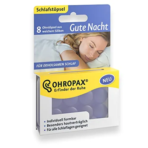 OHROPAX Gute Nacht - Silikon Ohrstöpsel für erholsamen Schlaf - Gehörschutz mit individuellem Sitz: Formbare Silikonohrstöpsel mit 23 dB Dämmwert, ideal für Seitenschläfer - für einen ruhigen Schlaf ohne Druckgefühl.