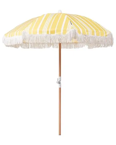 Sonnenschirm mit Volant Regenschutz Holzmast gelb rund ⌀ 150 cm - Sonnenschirm aus UV-beständigem Polyester mit stabilem Buchenholz-Mast, ideal für Garten und Terrasse. Flexibel durch Kippgelenk und Kurbelmechanismus, bietet optimalen Schutz vor Sonne und Wind.