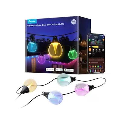 Govee RGBICW Outdoor String Lights - Schwarz - Weihnachtsbeleuchtung mit Matter-Kompatibilität, wetterfest (IP67) und bruchsicheren Birnen. Genieße 16 Millionen Farben und kreative Lichteffekte für Deine perfekte Außendekoration.