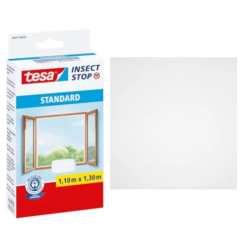 tesa Insect Stop Klett Fliegengitter für Fenster - Insektenschutz mit Klettband, zuschneidbar - Mückenschutz ohne Bohren - 1 x Fliegen Netz - 110 cm x 130 cm - Weiß