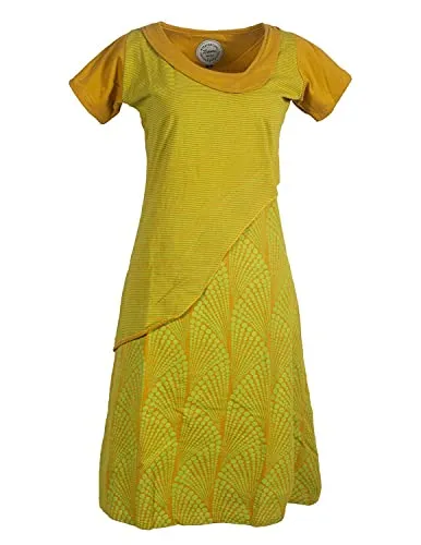 Vishes Damen Kurzarm Lagenlook Kleid im Hippie Stil - Knielanges, kurzärmliges Kleid im Lagenlook aus dehnbarem Baumwolljersey, ideal für Alltag und Freizeit. Asymmetrischer Schnitt und handbedruckte Muster sorgen für einen lässigen Look und hohen Tragekomfort.