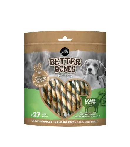 BetterBones – weicher Kausnack für Hunde, ohne Rohhaut, umwickelte Twists mit Lamm und Minze, 12,5cm, 27er Pack