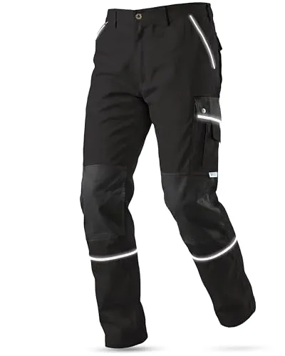 TMG® Schwarze Lange Arbeitshose für Herren, Größe 52 - Funktionale Arbeitshose mit Kniepolstertaschen und viel Stauraum, ideal für Handwerker und Maler – strapazierfähig, bequem und mit Reflektorstreifen für Sicherheit bei Dunkelheit.