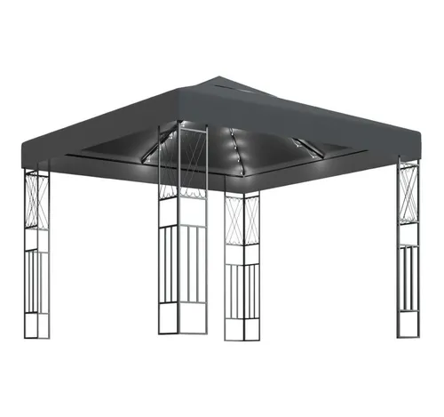 furnicato Pavillon mit LED-Lichterkette 3x3 m Anthrazit - Eleganter Gartenpavillon für schattige Stunden im Freien. Mit robustem Stahlrahmen und dekorativen Details, ideal für Feiern. Die solarbetriebene LED-Lichterkette sorgt für eine gemütliche Atmosphäre bei Sonnenuntergang.