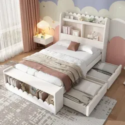Kinderbett Einzelbett mit Stauraum und Regal 90x190 cm - Stylisches Einzelbett in Weiß und Holzmaserung mit zwei praktischen Schubladen und zusätzlichen Ablageflächen. Perfekt für Ordnung im Kinderzimmer und vielseitige Nutzung. Lieferung erfolgt ohne Matratze.