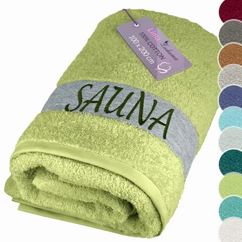 Lashuma Saunatuch Damen 100x200 cm - Salbeigrün XXL Frottee Badetuch - Hochwertiges Frottee Saunahandtuch in Salbeigrün, 100x200 cm. Extrem saugfähig und schnell trocknend. Edle Stickerei und zwei Aufhänger für praktischen Einsatz im Wellnessbereich.