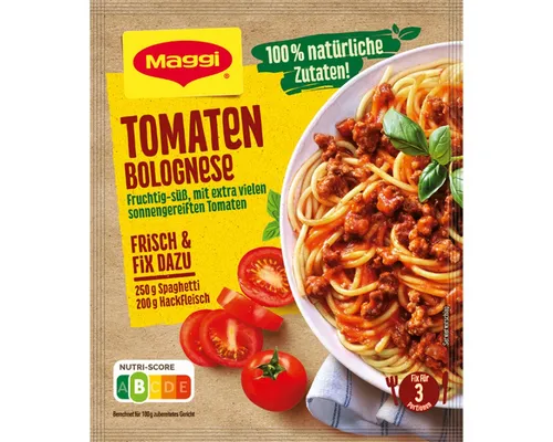 MAGGI Fix für Tomaten Bolognese 50g - Leckere Pastasoße für eine fruchtige, mediterrane Bolognese. Einfach zuzubereiten und ideal für schnelle Gerichte. Verleihen Sie Ihren Pasta-Kreationen einen besonderen Geschmack!