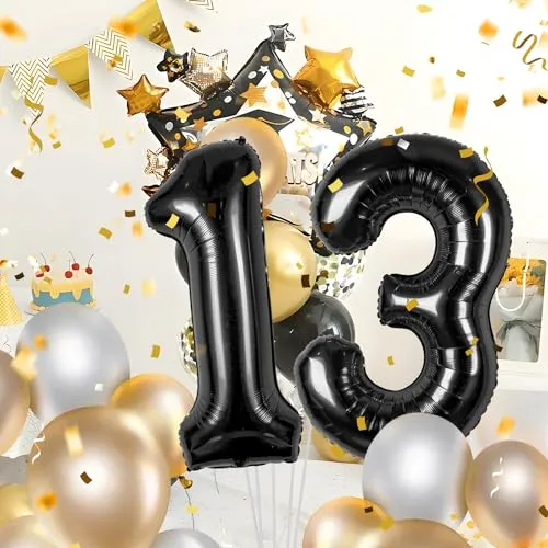 Geburtstag zahlen luftballon 13 jahre | Folienballon Schwarz- Folienballon in 40"-101cm Geburtstagsdeko - Ballon Zahl Deko zum Geburtstag fliegt mit Helium für Mädchen Junge 13.Geburtstags