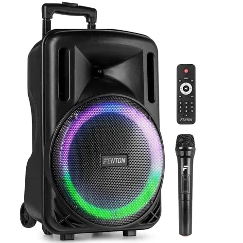 Fenton FT12LED MK2, Party Box Bluetooth Lautsprecher 700W, Musikbox Bluetooth Groß, 12" Woofer, Mikrofon, LED, Akku & Netzbetrieb, AUX/Gitarren Eingang, USB Media-Player, Stereo-Pairing, Partybox