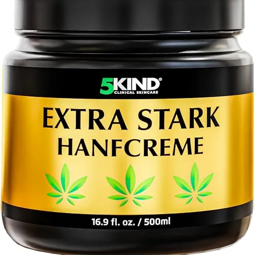 5kind Extra Stark Hanfcreme 500 ml – Hochdosiertes Hanf Gel für Muskelkater - Aschesauger – Beruhigt effektiv Nacken, Rücken und Gelenke mit über 11 natürlichen Extrakten für schnelle Regeneration und intensive Feuchtigkeit.