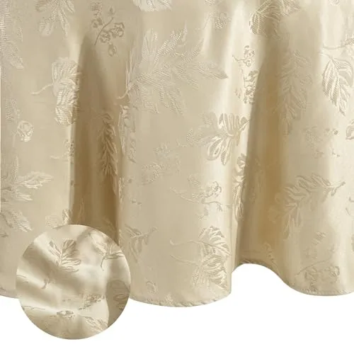 Elrene Home Fashions Elegant Woven Leaves Jacquard Damask Tablecloth, 70" Round, Taupe