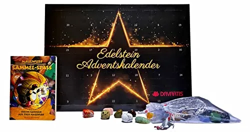 Davartis Edelstein Adventskalender - 24 echte Schmucksteine - Spielzeug-Adventskalender mit 24 einzigartigen Trommelsteinen und Sammelstickern. Entdecken Sie jeden Tag einen neuen Edelstein und sammeln Sie Wissen über die Natur!