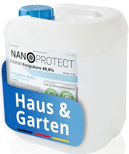 Nanoprotect Essigsäure 49,9% - 5 kg | Vielseitiger Reiniger für Haus und Garten - Hochwertige Essigsäure, nachhaltig aus regionalen Hölzern in Deutschland gefertigt. Ideal zum Entkalken und Reinigen in verschiedenen Anwendungen. Der praktische 5 kg Kanister sorgt für einfache Handhabung und vielseitige Einsatzmöglichkeiten.