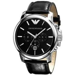 Armani AR0431 Herren Chronograph Uhr - Elegante Armbanduhr in Schwarz - Elegante Herren Armbanduhr mit Edelstahlgehäuse und schwarzem Lederarmband. Praktische Stoppfunktion und Datumsanzeige, ideal für den modernen Mann.