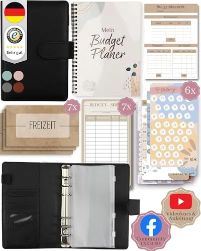 BeginnerBudget® Budget Planner Deutsch - Starterset mit Sparchallenge + Budgetplaner (144 Seiten) - Sparen mit Umschlagmethode + Anleitung Ringbuch, Binder A6 Glattleder, vegan (Schwarz)