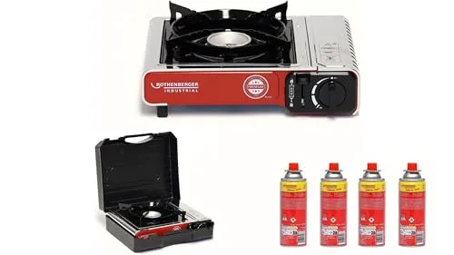 ROTHENBERGER Industrial Campingkocher PREMIUM - Campingkocher mit 1-flammiger Piezozündung und 4 Gaskartuschen, ideal für Töpfe von 12-26 cm. Kompakt, leistungsstark und sicher dank Kartuschensicherung.