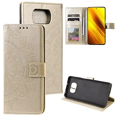 CoverKingz Handy Case kompatibel mit Xiaomi Poco X3 NFC/Poco X3 Pro - Handy Cover mit Kartenfach Phonecase - Smartphone Hülle klappbar Motiv Mandala Gold