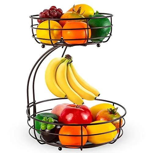 Huahong 2-stöckiger Obstkorb mit Bananenhalter, Obstschale, Gemüsekorb, aus Metall, stehende tägliche Küchenaufbewahrung, Obstkorb, Obstständer, Bronze