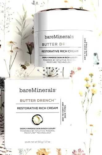 BareMinerals Butter Drench Restorative Rich Cream für trockene bis sehr trockene Haut 50g - Reichhaltige Tagespflege mit einer einzigartigen Butter-Formulierung. Ideal für intensive Feuchtigkeit und Pflege von trockener Haut.