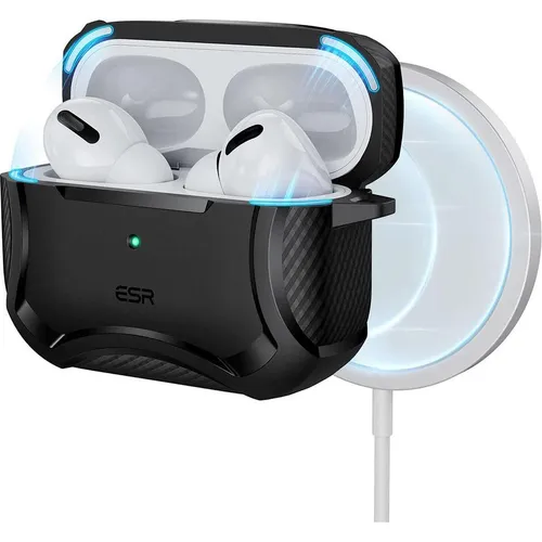 ESR für AirPods Pro 2 Hülle (2023/2022/2019), Cyber Armor Panzer für AirPods Pro 2./1. Generation(USB-C/Lightning Kabel), MagSafe Ready, Starker Sturzschutz, Magnetischer Deckel, Schwarz