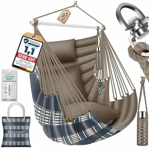 KESSER Hängesessel Haiti – 150kg Traglast, Indoor & Outdoor - Hängesessel mit 360° Komfort, inklusive 2 Kissen, Tragetasche, Flaschenhalter & Montage-Set. Pflegeleicht, UV-beständig und wasserfest für entspannte Stunden drinnen und draußen!