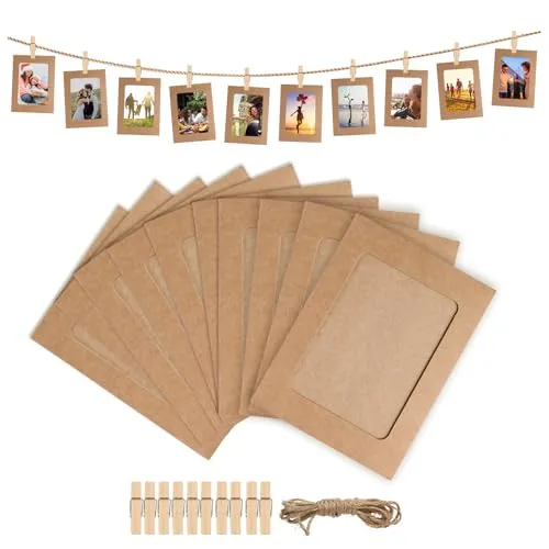 Luxoraiova 10 Stück Fotogirlande Fotoleine mit Klammern DIY Kraftpapier Bilderrahmen 11.5x15.5 cm Hängende Wanddekoration Fotorahmen aus Pappe für Geburtstag Hochzeit Party Jubiläum Deko Foto Banner