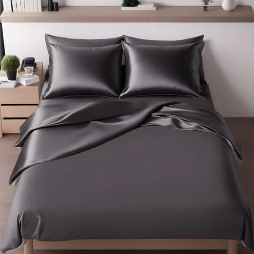 Cozyor Wende-Bettwäsche 200x200 cm – Extra dicke Satin & Mikrofaser in Anthrazit Nebula - Die 3-teilige Wende-Bettwäsche vereint edles Design mit hohem Komfort. Wähle zwischen glänzend und matt für eine individuelle Schlafumgebung. Pflegeleicht und langlebig – ideal für jeden Schlafraum!