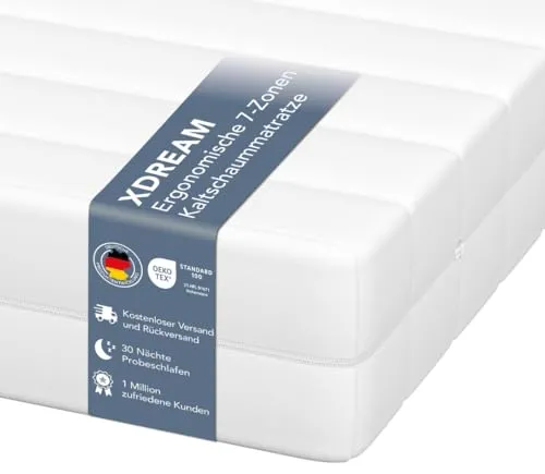 XDREAM Pure Kaltschaummatratze 140 x 200 cm - Ergonomische 7-Zonen Matratze mit Öko-Tex Zertifikat, punktelastisch für optimalen Schlafkomfort und ideal für alle Schlaftypen.