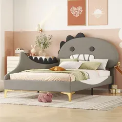 Flieks Polsterbett 90x200cm mit Dinosaurier Kopfteil - Kinderbett mit Rausfallschutz und einzigartigem Dinosaurier-Design, ideal für Sicherheit und Stil im Kinderzimmer. Hergestellt aus pflegeleichtem Kunstleder.