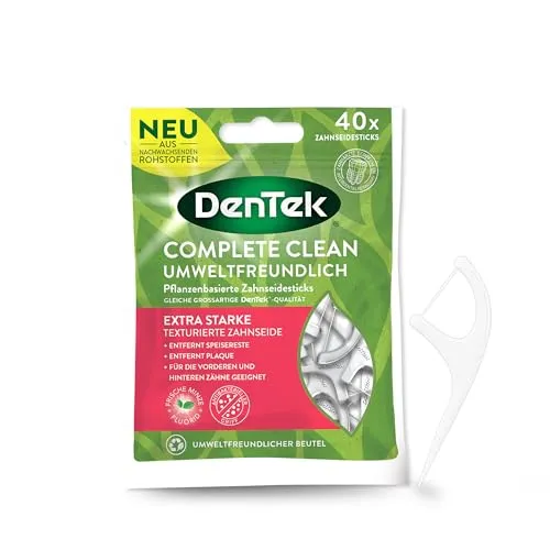 DenTek Zahnseide Complete Clean Eco – ungewachst, mit Minzgeschmack - 40 umweltfreundliche Zahnseidesticks mit leichtem Minzgeschmack. Entfernen Speisereste und Plaque effektiv, auch in engen Zahnzwischenräumen. Mit antibakteriellem Griff aus nachwachsenden Rohstoffen.