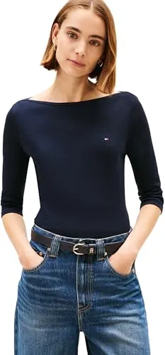 3/4-Arm-Shirt TOMMY HILFIGER "NEW CODY SLIM BOAT-NK 3/4SLV" - Damen Shirt in blau mit U-Boot-Ausschnitt, slim fit Schnitt und Logostickerei. Hoher Tragekomfort durch 100% Baumwolle, ideal für einen lässigen Look.