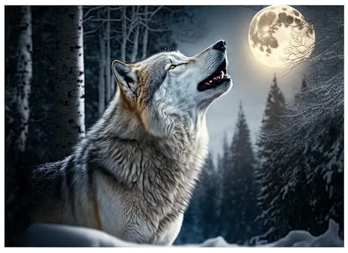 Fototapete Wolf Wald Natur Mond Nacht Tiere 300x210 cm - inkl. Kleister - für Wohnzimmer Schlafzimmer Flur Modern Vlies Tapete Vliestapete Wandtapete Motivtapeten