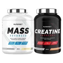 Fortgeschrittenes Masseaufbauprogramm - Mass Advanced 2,5kg Cremige Vanille - Creatin Hardcore 1,5 kg Ice Tea Pfirsich