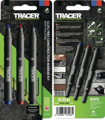 Tracer Baumarkierungsset – 3 schlierenfreie Markierungsstifte mit Halteclips - VIELSEITIGES MARKIERSET – Das TRACER Baumarkierungsset beinhaltet 3 schlierenfreie Marker in Schwarz, Rot und Blau, ideal für Baustellen und unterschiedliche Oberflächen. Mit praktischem Halteclip für einfachen Zugriff.