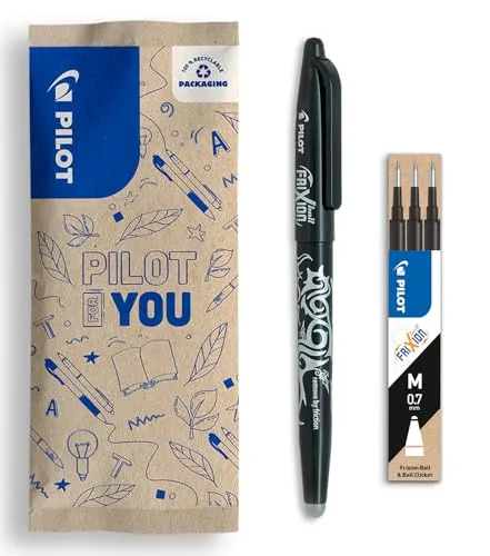 PILOT - FriXion Ball 0.7 Set - Radierbarer Tintenroller + 3er-Minen-Set - Nachfüllbarer Rollerball aus Recyceltem Kunststoff - Angenehmes Schreibgefühl - Schwarz - Mittlere Spitze