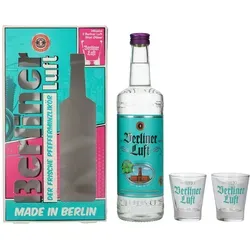 Berliner Luft Geschenkset | Kultiger Pfefferminzlikör mit Shot-Gläsern - Liköre: Der frische Pfefferminzlikör Berliner Luft (0,7L, 18% Vol.) sorgt für gute Laune und Partystimmung – ideal zum Verschenken mit 2 Shot-Gläsern!