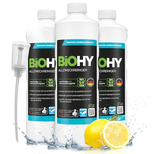 BiOHY Allzweckreiniger (3 x 1L) + Dosierer | Bodenreiniger Konzentrat für Parkett, Fliesen & Hartböden | Reiniger für Wischroboter, Saugwischer & Saugroboter | Schaumarmes, ergiebiges Reinigungsmittel