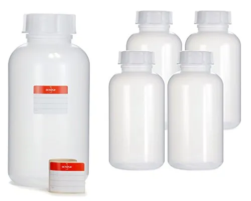 OCTOPUS Kanister 5x 2000ml - Weithalsflasche mit Deckel - Praktische 5er-Packung Weithalsflaschen aus robustem LDPE, ideal für Labor, Küche und Hobby. Mit 50 mm Öffnung für einfache Befüllung und Reinigung, inklusive Beschriftungsetiketten zur besseren Organisation.