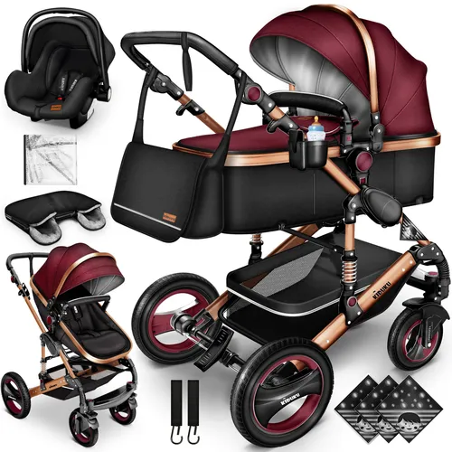 KIDUKU Kombi-Kinderwagen 3 in 1 - Buggy, Reisebuggy & Babyschale - 3 in 1 Kinderwagen mit Babywanne, Buggy und Babyschale. Mit UV 50+ Schutz, 360° drehbaren Reifen und 4-facher Federung für optimalen Komfort und Sicherheit.