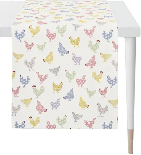 Apelt Tischläufer "6710", gelb, 140cm x 42cm - Eleganter Tischläufer mit fröhlichem Hühner-Motiv. Pflegeleichtes Gewebe, ideal für festliche Anlässe. Schadstoffgeprüft und made in Europa.