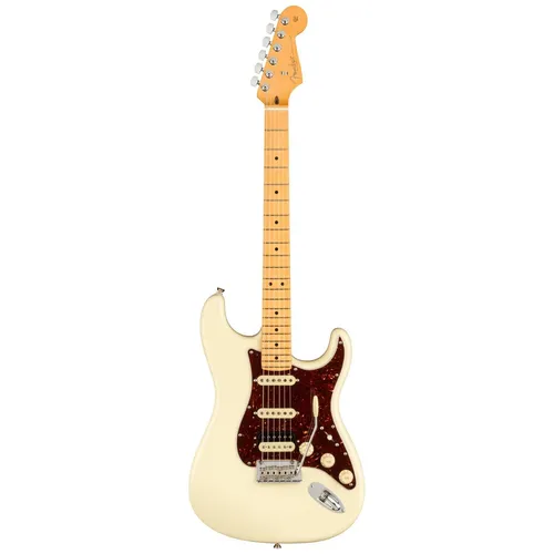 Fender American Professional II Stratocaster HSS MN Olympic White E-Gitarre - Vielseitige E-Gitarre mit 22 Bünden und modernem 2-Punkt Tremolo. Genießen Sie klare und volle Klänge dank hochwertiger V-Mod II Tonabnehmer und komfortablem Deep-C Ahornhals.