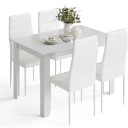 Mondeer Esstischset mit 4 Stühlen - Modernes Design in Weiß - Robuste Essgruppe für den täglichen Gebrauch. Das zweifarbige Design schafft eine einladende Atmosphäre. Ergonomische Stühle mit Kunstlederkissen bieten hohen Sitzkomfort. Pflegeleicht und einfach zu montieren.