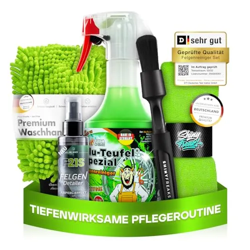 Felgenpflege Set: TUGA Chemie Alu-Teufel Spezial (500ml) - Kfz-Reinigungsmittel, pH-neutrales Felgenreiniger-Gel für schonende und gründliche Reinigung von Alu- und Stahlfelgen, inklusive hochwertigem Zubehör für beste Ergebnisse.